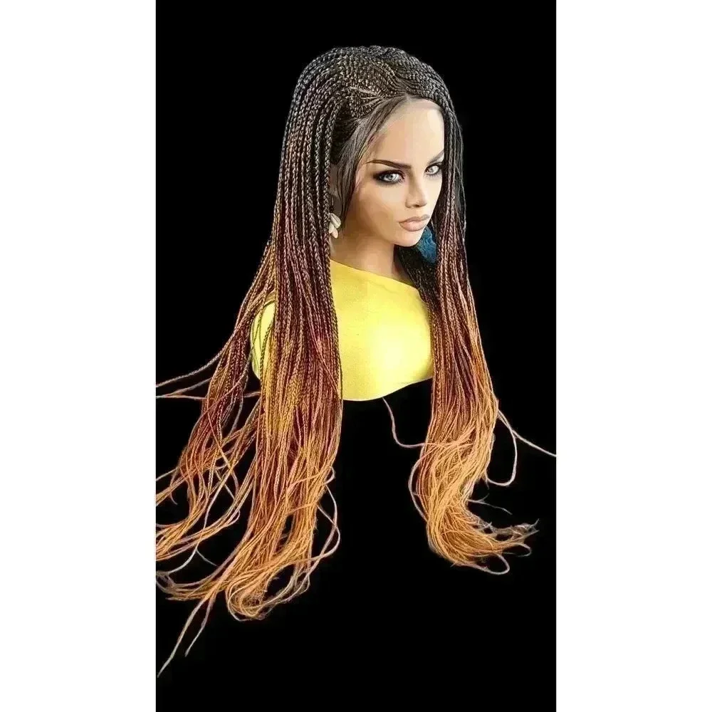 Handmade Auburn Ombre Braided Lace Wig -Box Braids & Cornrows | High-Quality NWT